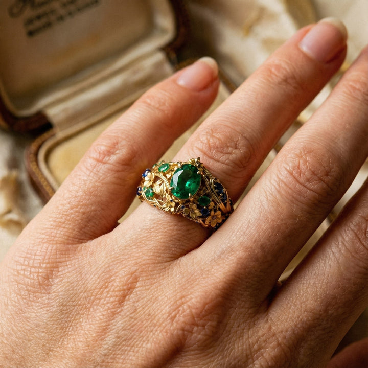 Zelta Gredzens ar Zaļajiem un Zilajiem Kristāliem