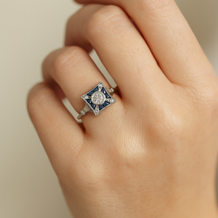 Anel Vintage Kvadrāts ar Zirkoniju Zilā Krāsā