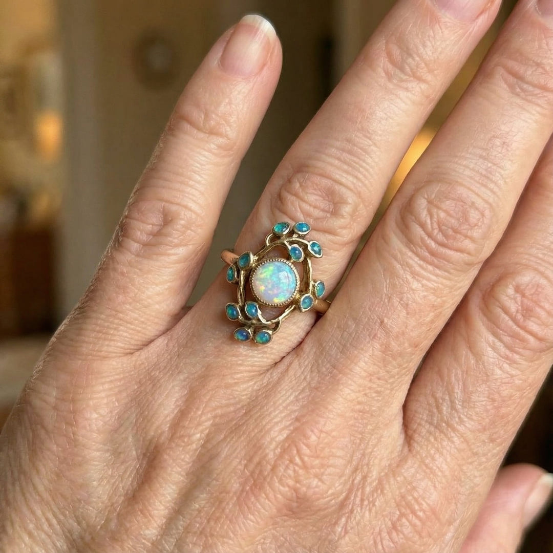 Anel Azul Vintage ar Kristāliem un Opālu